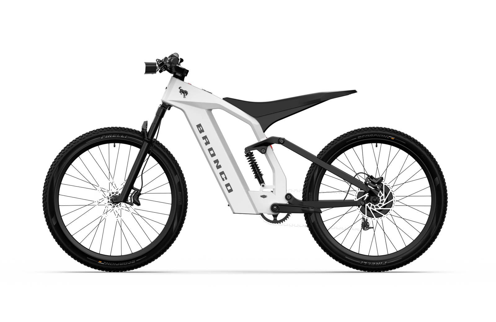 Non-driveside profile of the Ford Bronco electric dirt bike - Oxford White color