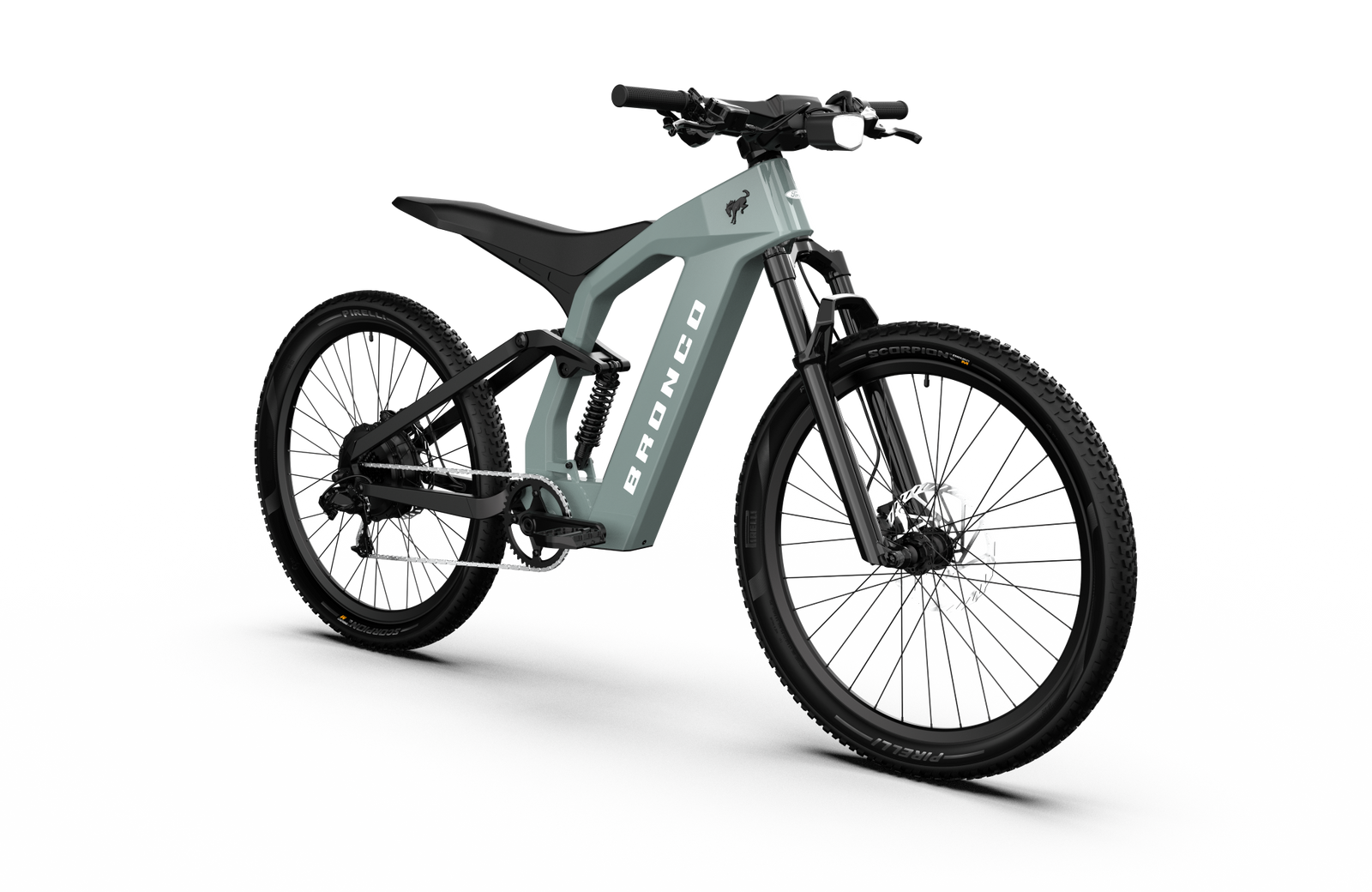 Non-driveside profile of the Ford Bronco electric dirt bike - Cactus Gray color