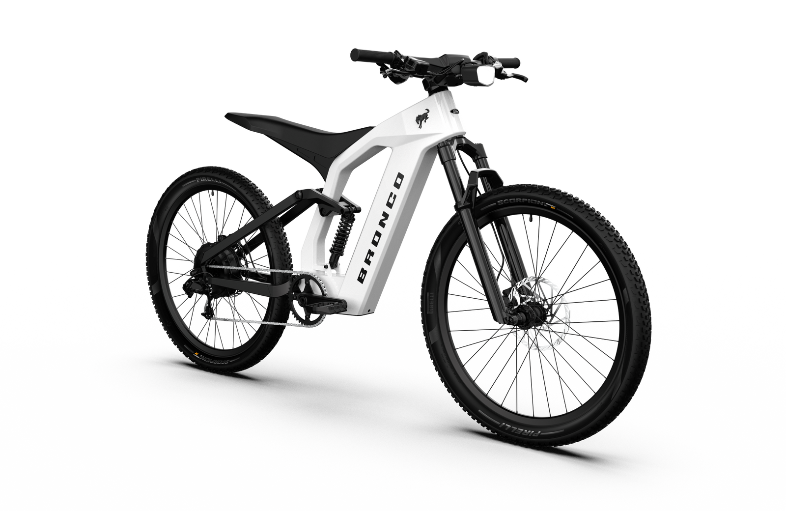 Non-driveside profile of the Ford Bronco electric dirt bike - Oxford White color