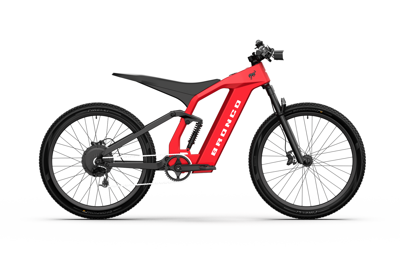 Non-driveside profile of the Ford Bronco electric dirt bike - Hot Pepper Red Metallic Tinted Clearcoat color