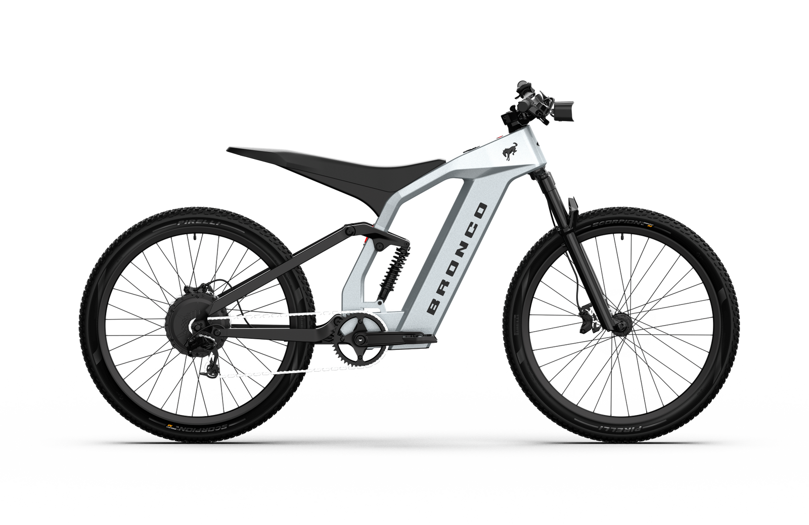 Non-driveside profile of the Ford Bronco electric dirt bike - Iconic Silver Metallic color