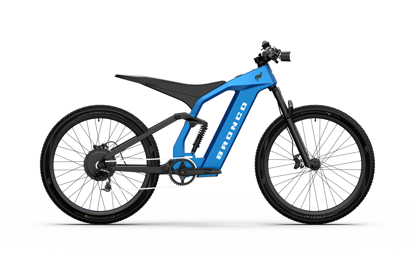 Full suspension on the Ford Bronco electric dirt bike - Velocity Blue Metallic color