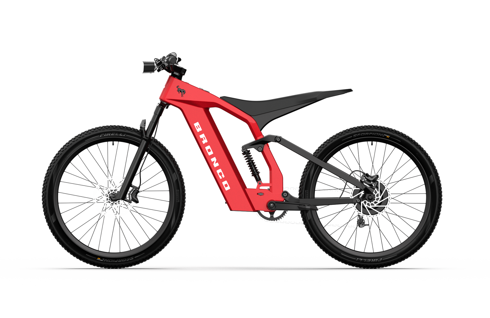 Non-driveside profile of the Ford Bronco electric dirt bike - Hot Pepper Red Metallic Tinted Clearcoat color