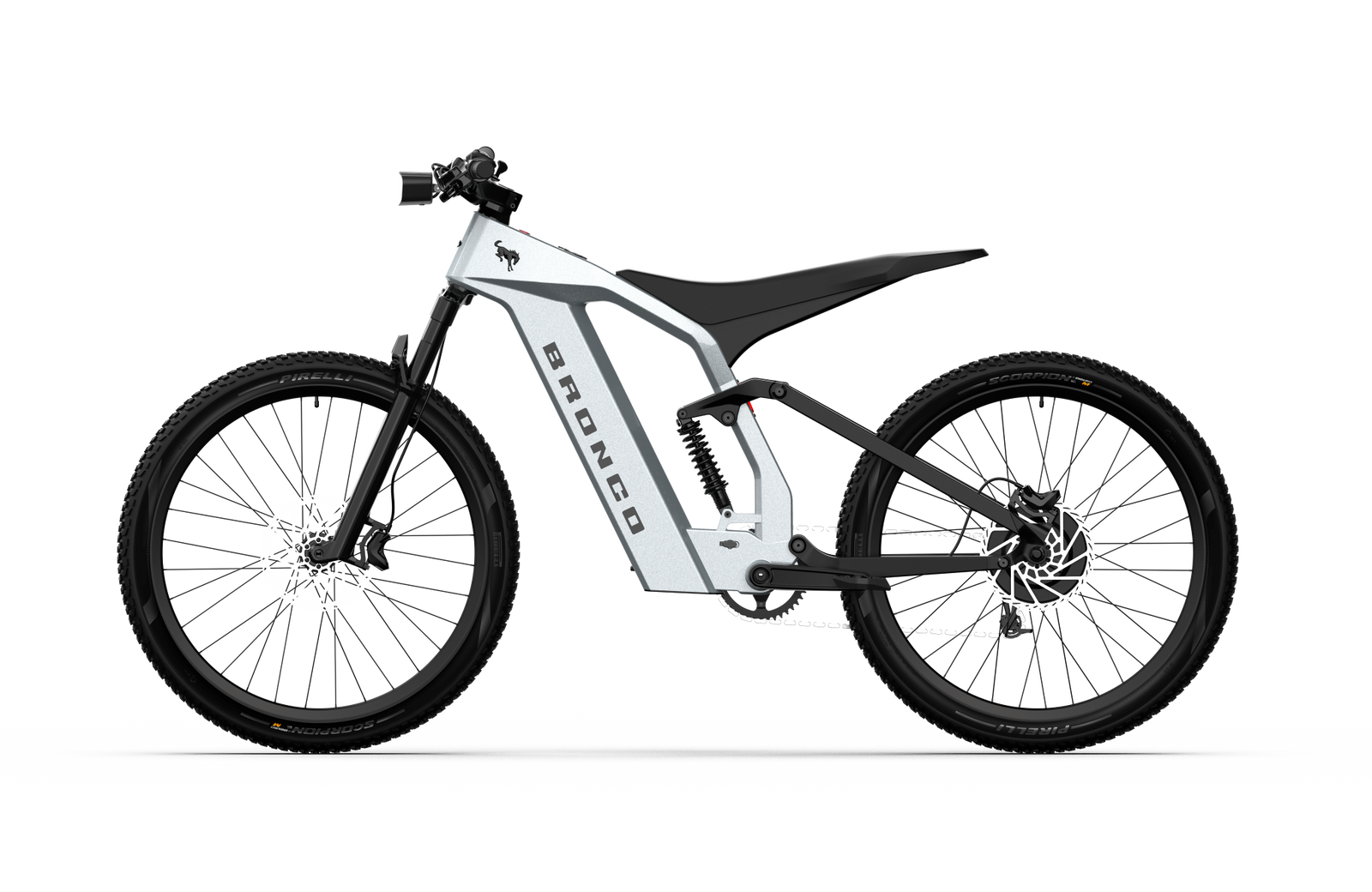 Non-driveside profile of the Ford Bronco electric dirt bike - Iconic Silver Metallic color
