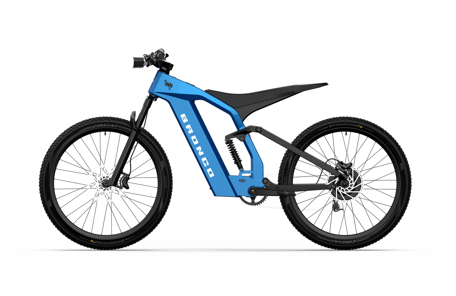 Full suspension on the Ford Bronco electric dirt bike - Velocity Blue Metallic color