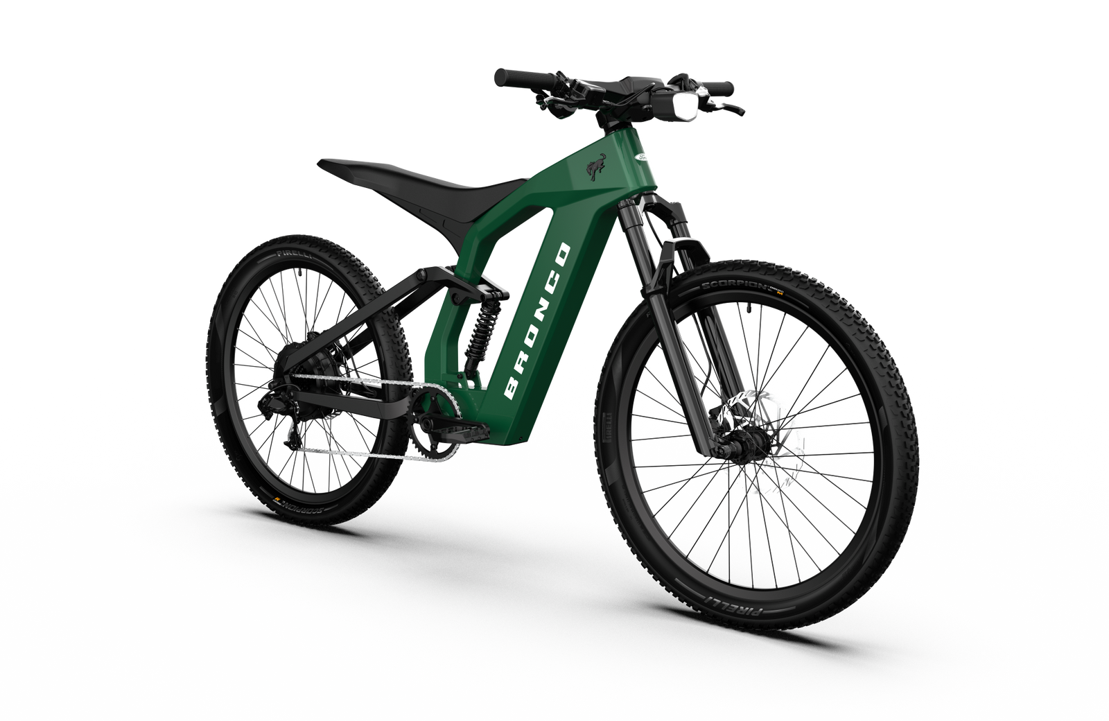 Non-driveside profile of the Ford Bronco electric dirt bike - Eruption Green Metallic color