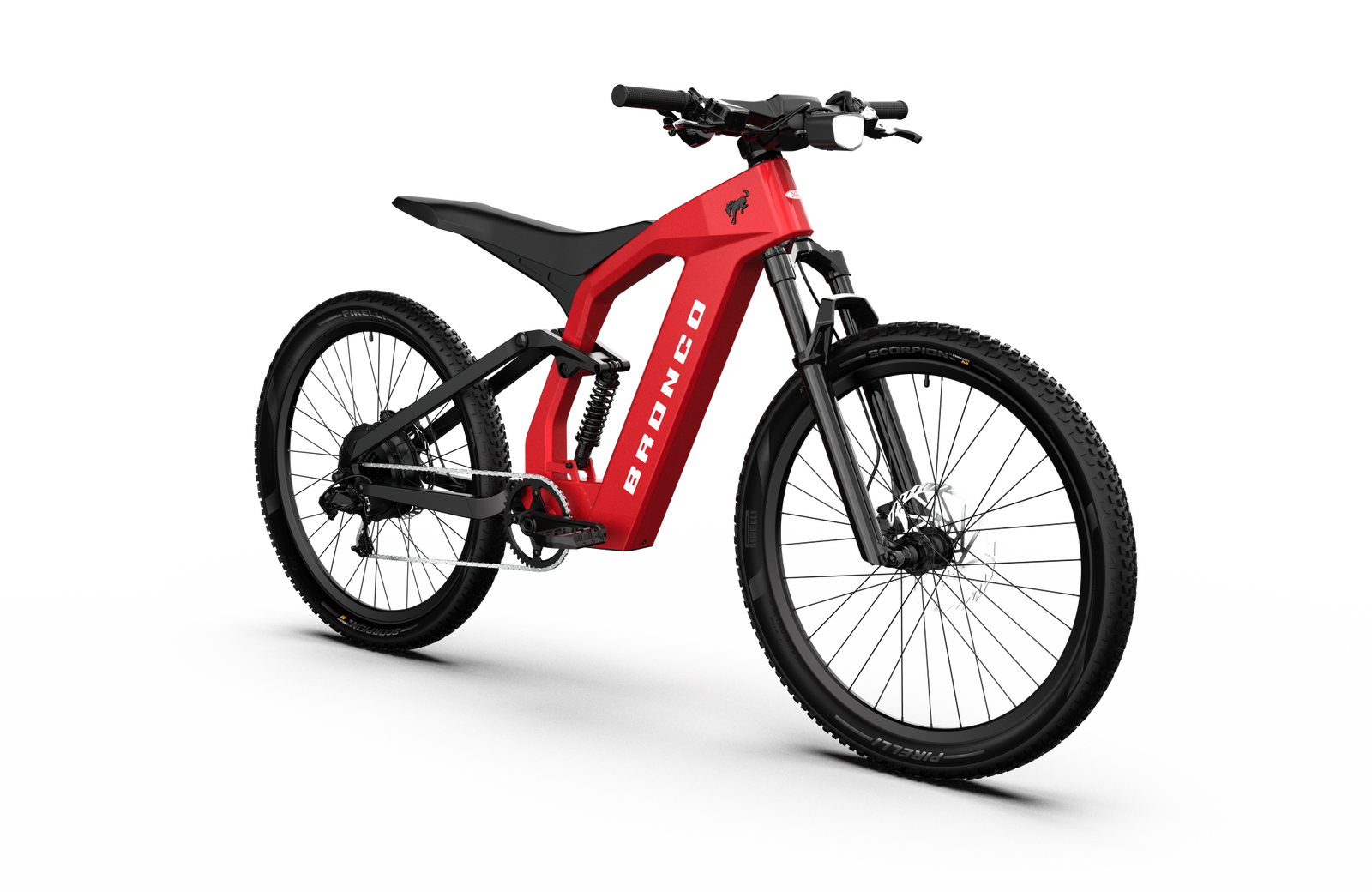 Non-driveside profile of the Ford Bronco electric dirt bike - Hot Pepper Red Metallic Tinted Clearcoat color