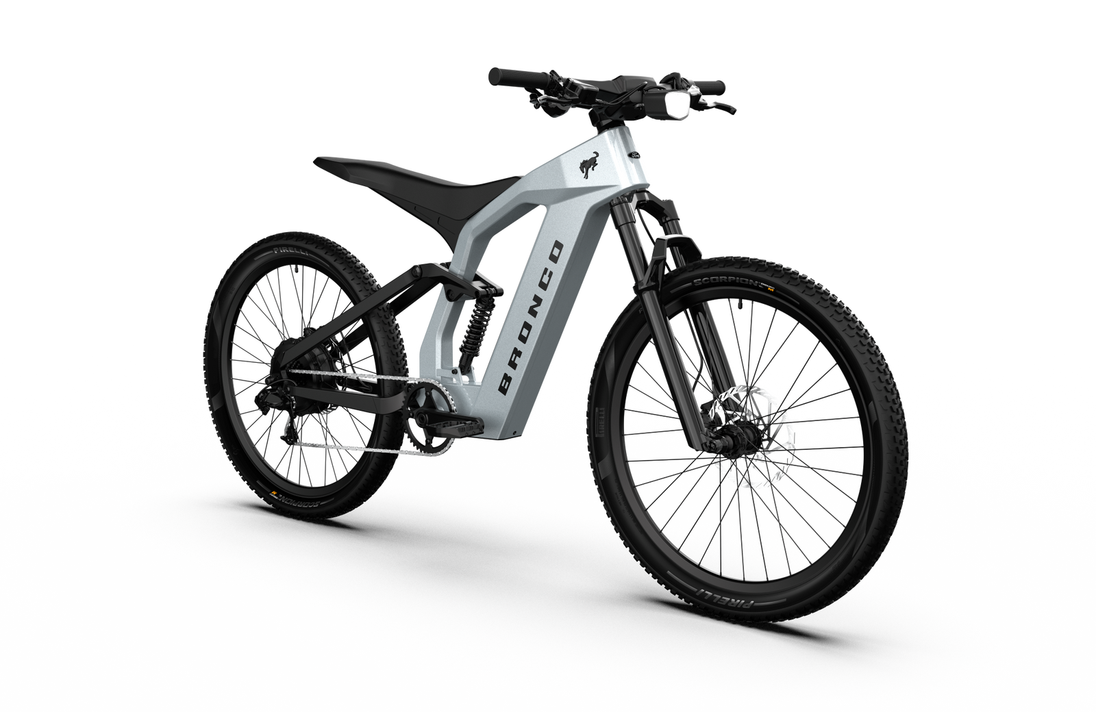Non-driveside profile of the Ford Bronco electric dirt bike - Iconic Silver Metallic color