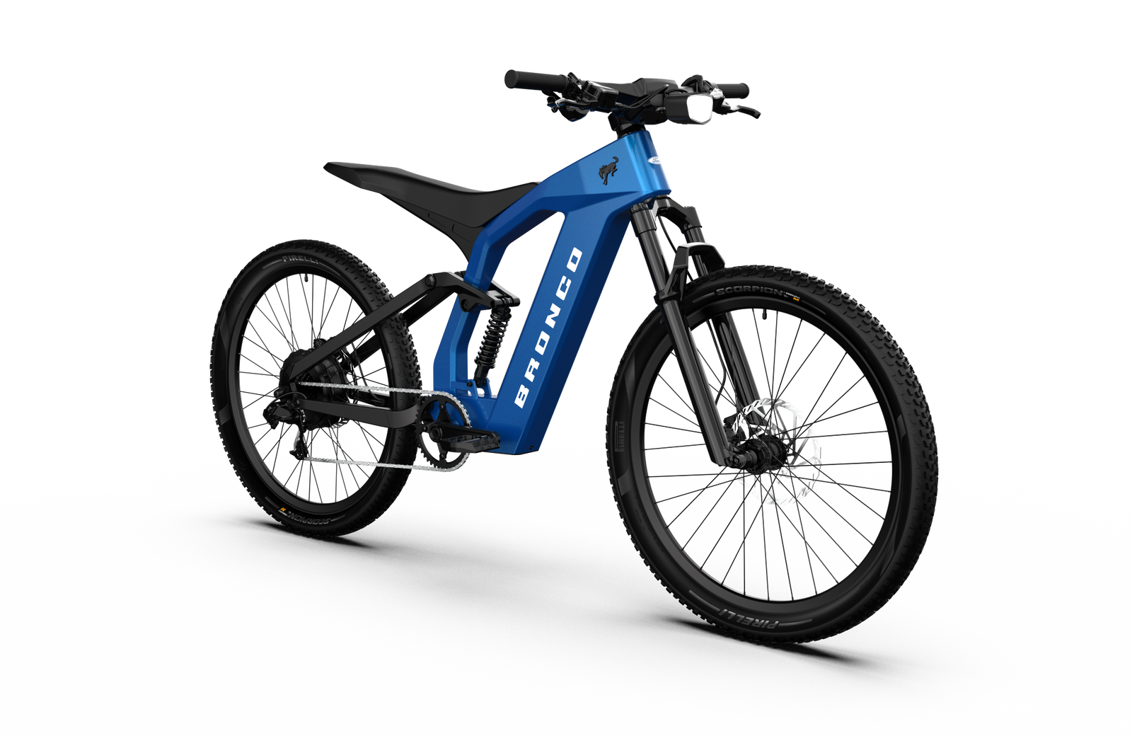 Full suspension on the Ford Bronco electric dirt bike - Velocity Blue Metallic color