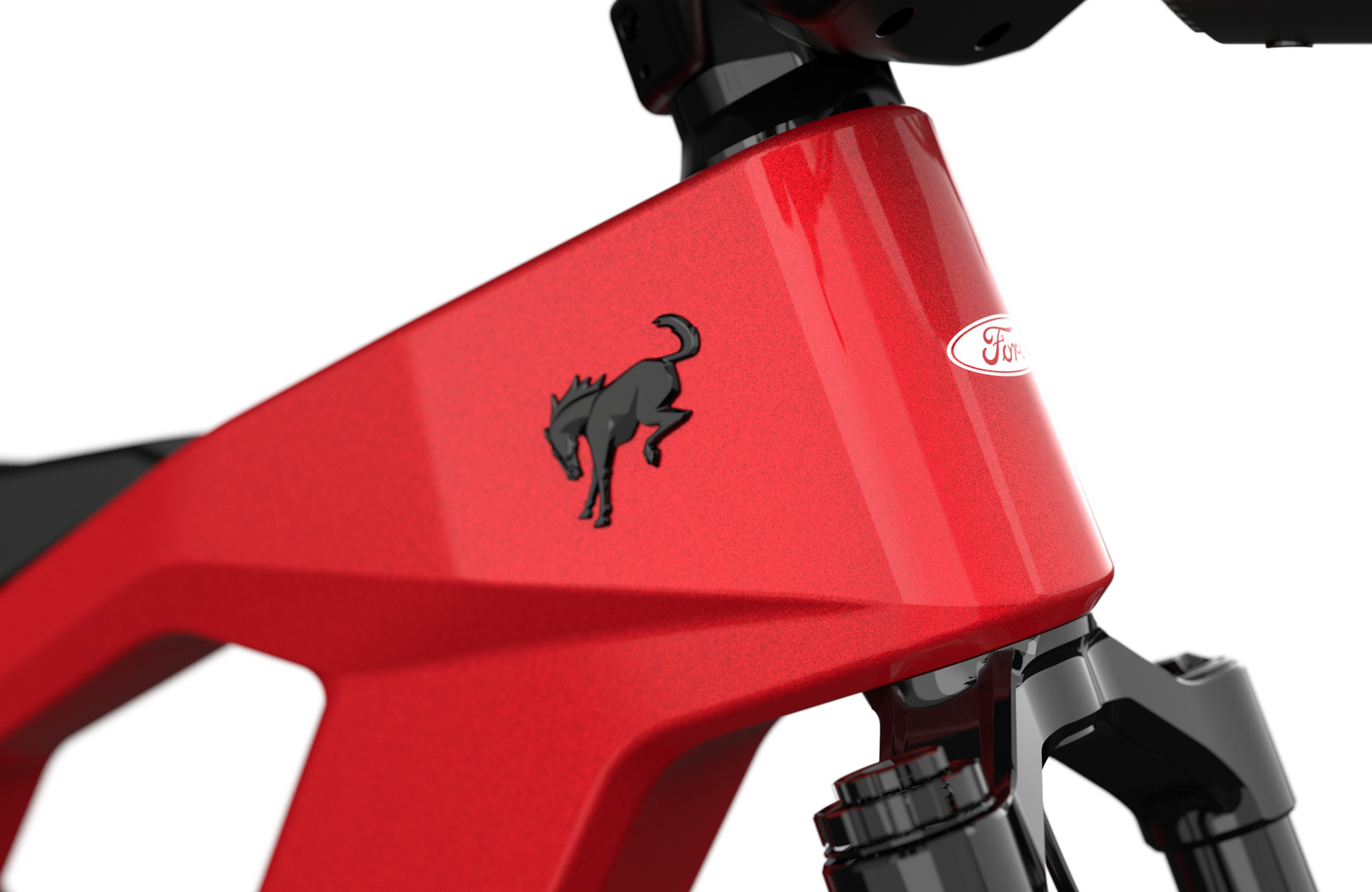 Non-driveside profile of the Ford Bronco electric dirt bike - Hot Pepper Red Metallic Tinted Clearcoat color