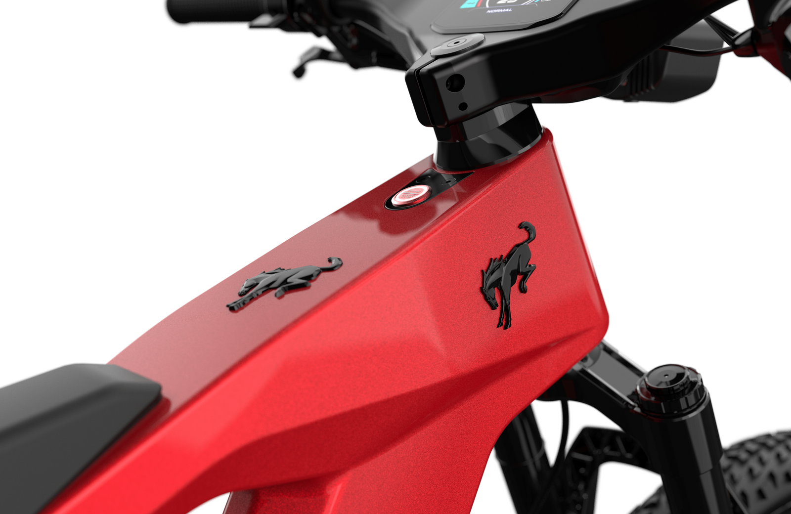 Non-driveside profile of the Ford Bronco electric dirt bike - Hot Pepper Red Metallic Tinted Clearcoat color