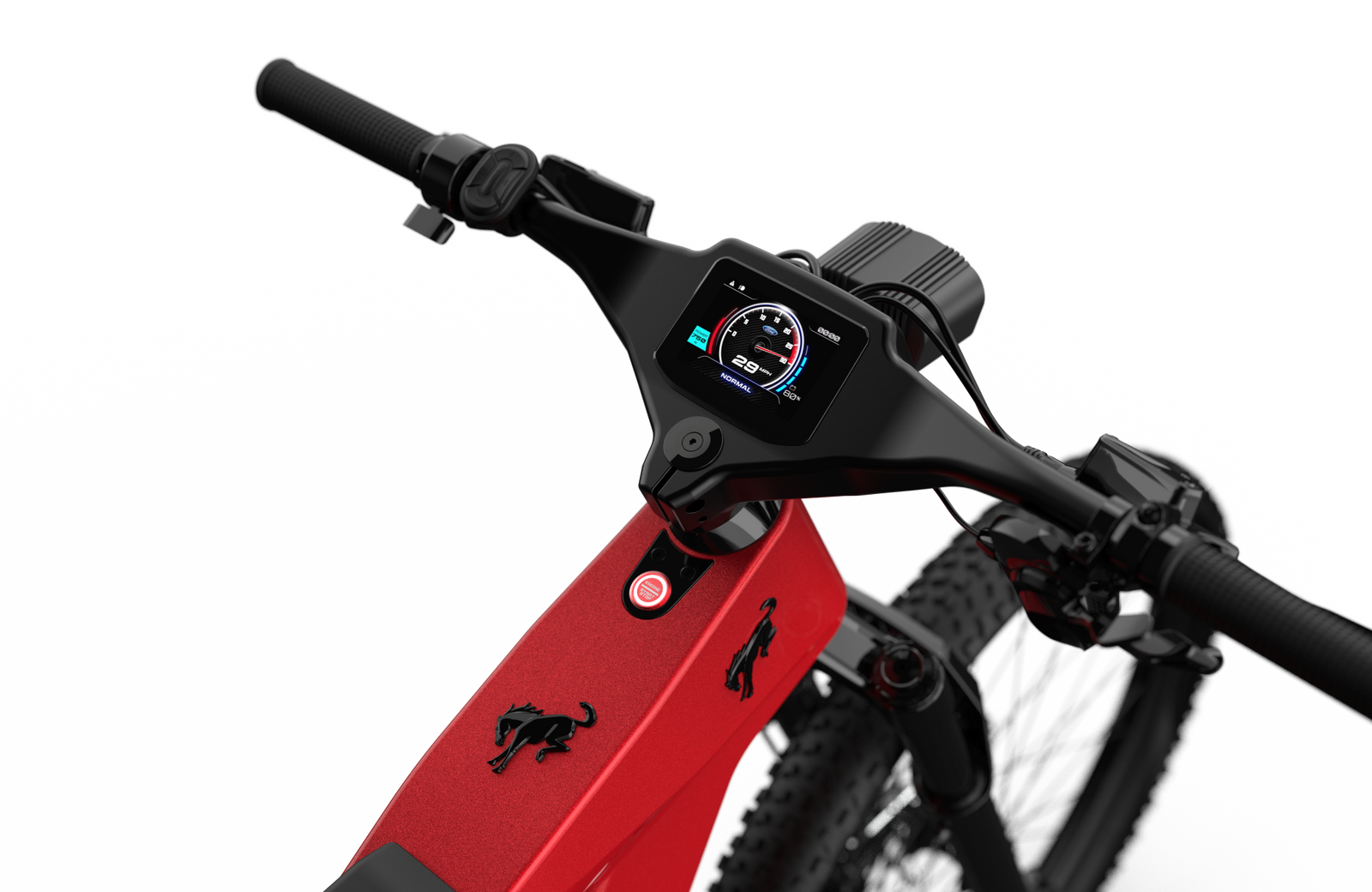 Non-driveside profile of the Ford Bronco electric dirt bike - Hot Pepper Red Metallic Tinted Clearcoat color