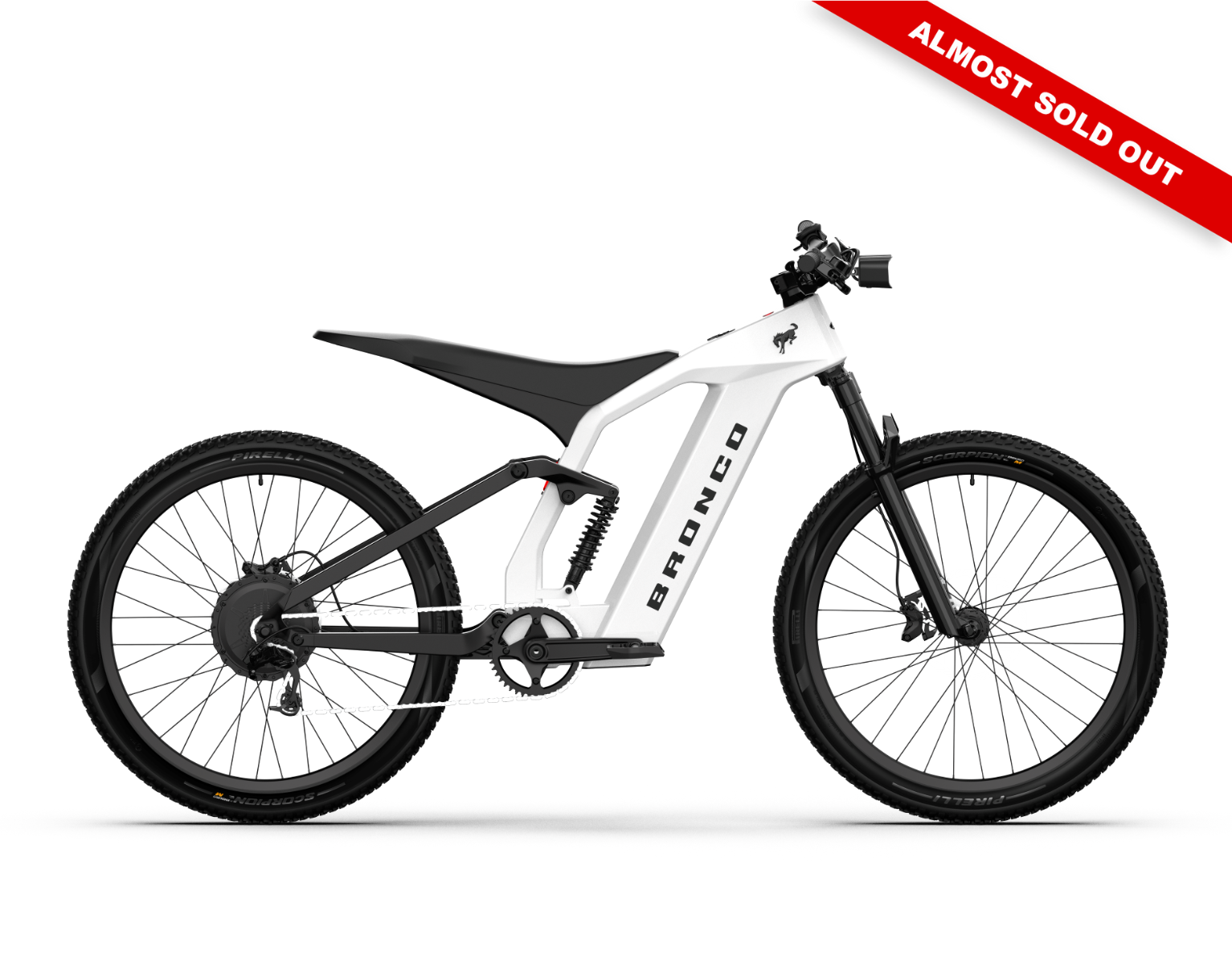 Non-driveside profile of the Ford Bronco electric dirt bike - Oxford White color