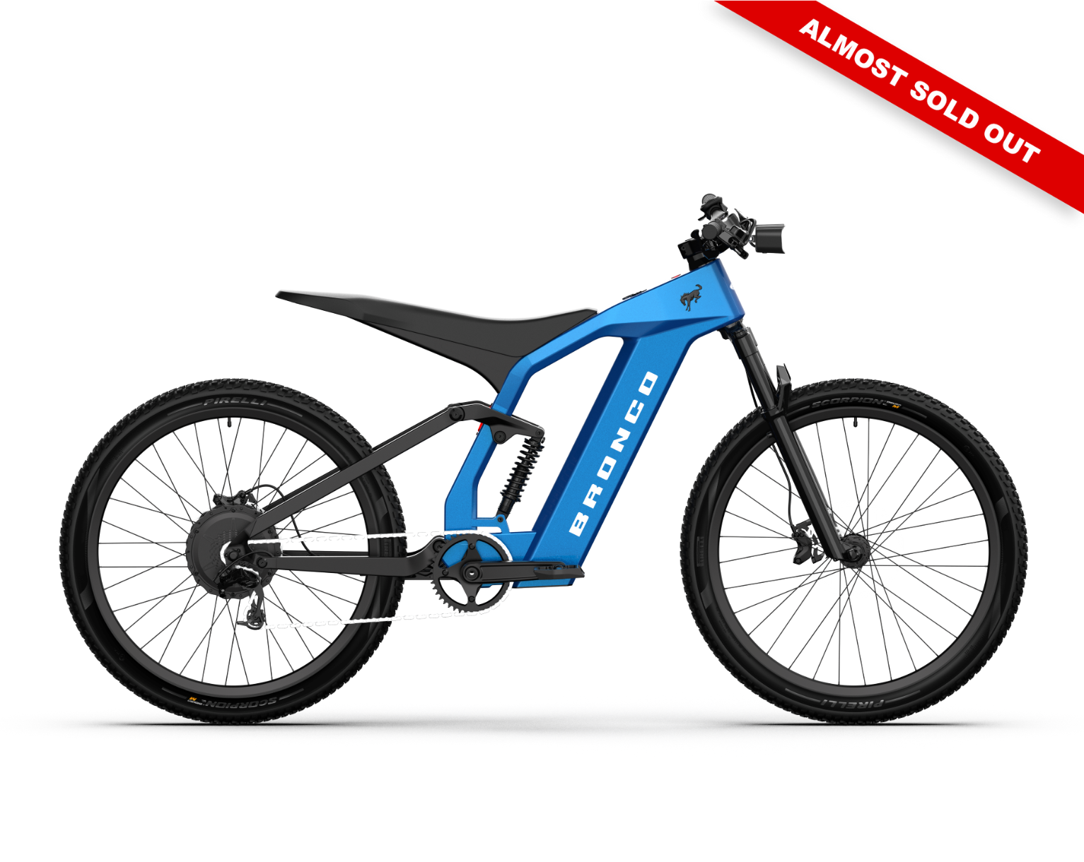 Full suspension on the Ford Bronco electric dirt bike - Velocity Blue Metallic color