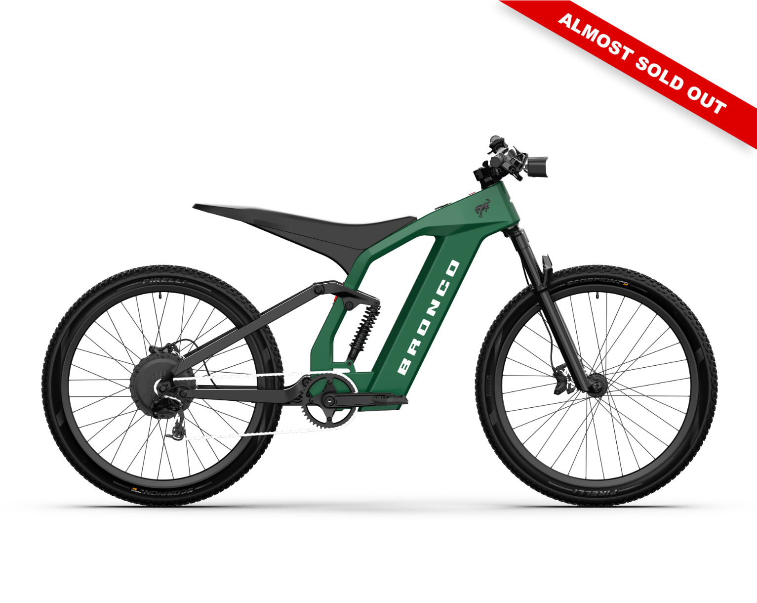 Non-driveside profile of the Ford Bronco electric dirt bike - Eruption Green Metallic color