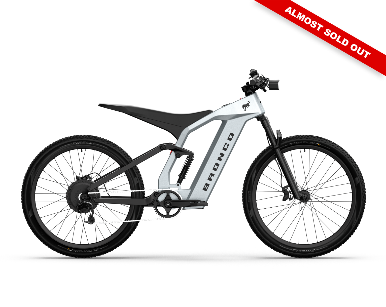 Non-driveside profile of the Ford Bronco electric dirt bike - Iconic Silver Metallic color