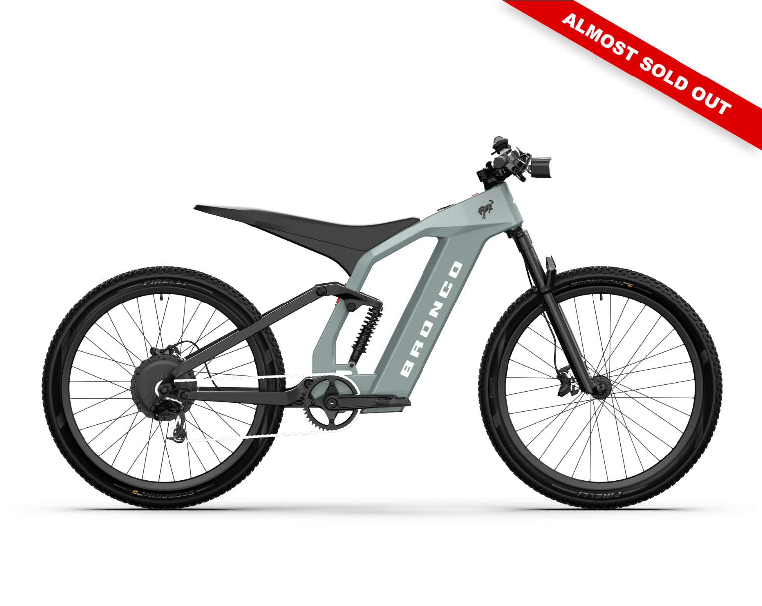 Non-driveside profile of the Ford Bronco electric dirt bike - Cactus Gray color