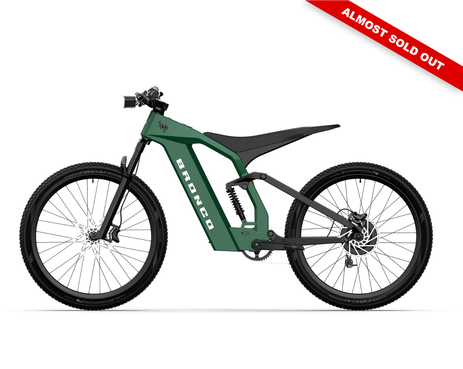 Non-driveside profile of the Ford Bronco electric dirt bike - Eruption Green Metallic color