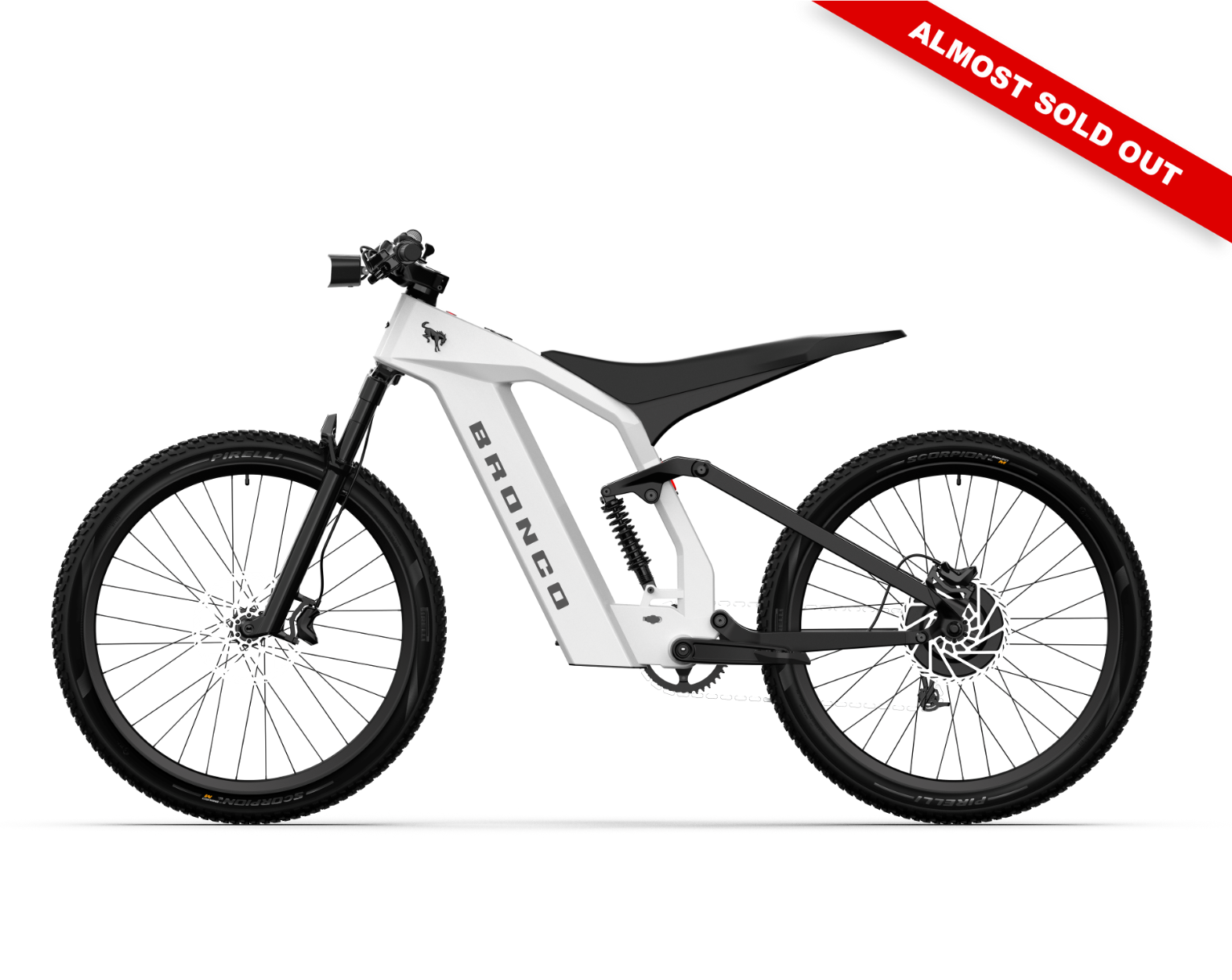 Non-driveside profile of the Ford Bronco electric dirt bike - Oxford White color