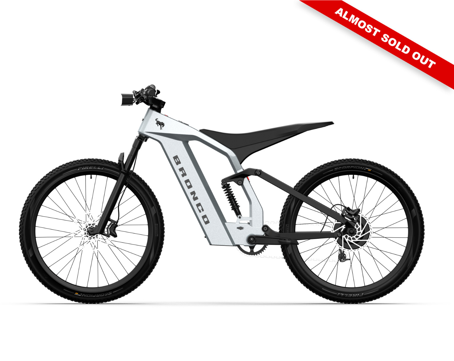 Non-driveside profile of the Ford Bronco electric dirt bike - Iconic Silver Metallic color