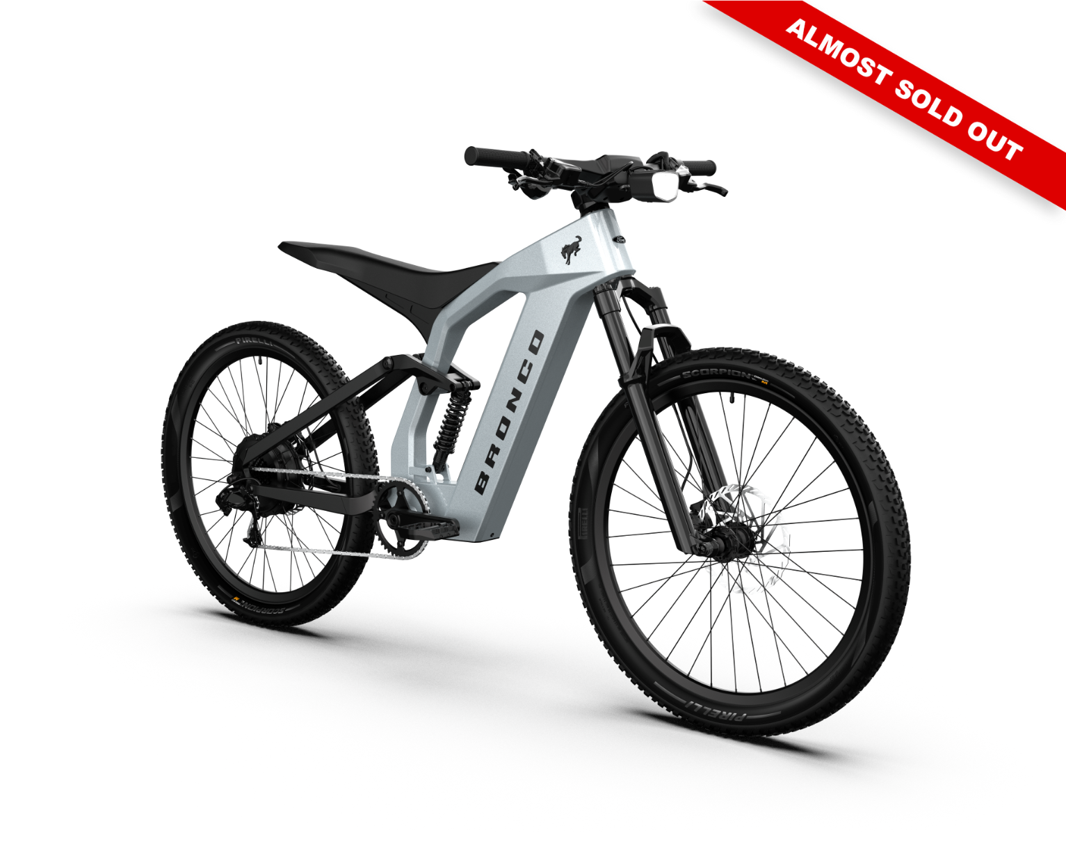 Non-driveside profile of the Ford Bronco electric dirt bike - Iconic Silver Metallic color