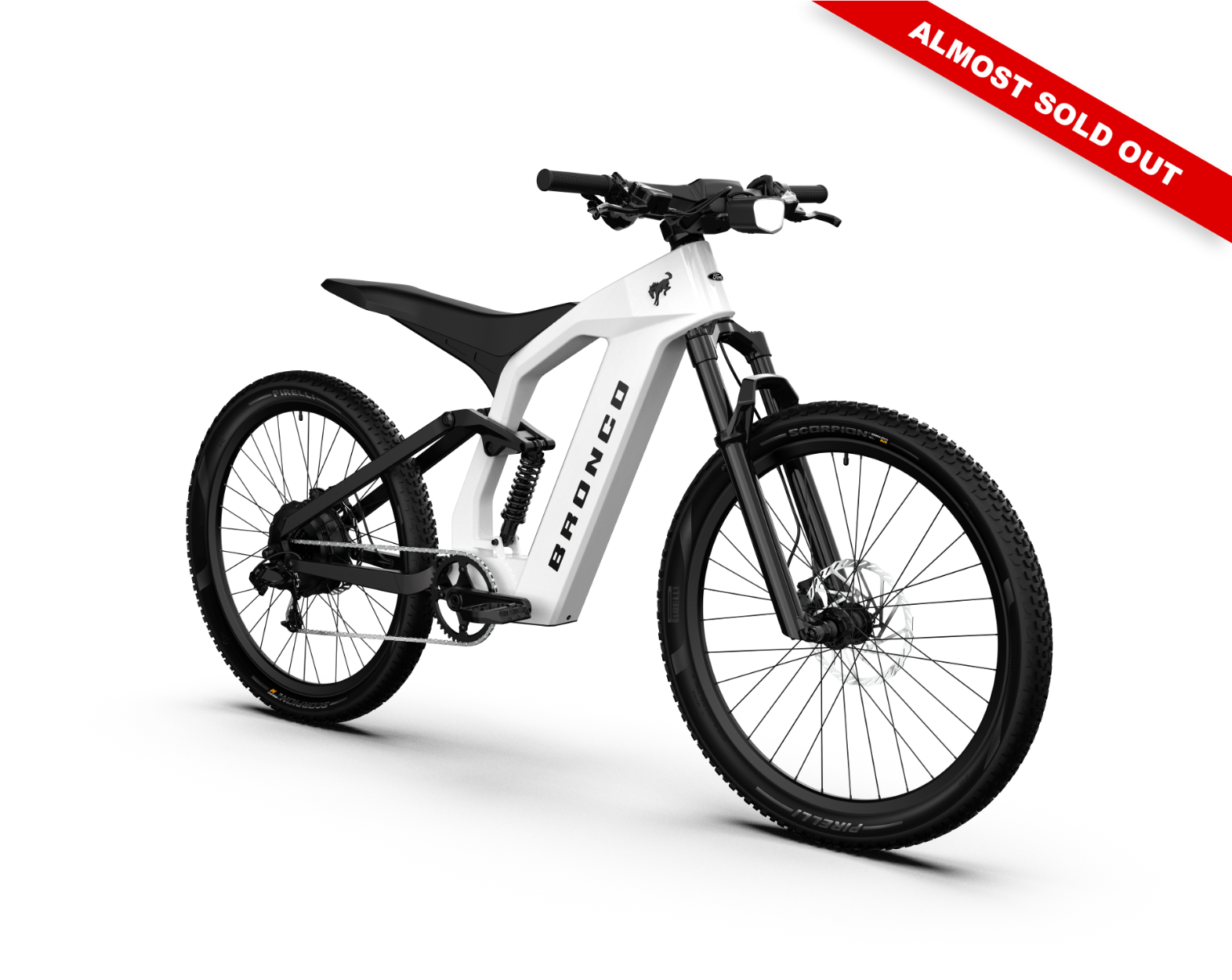Non-driveside profile of the Ford Bronco electric dirt bike - Oxford White color
