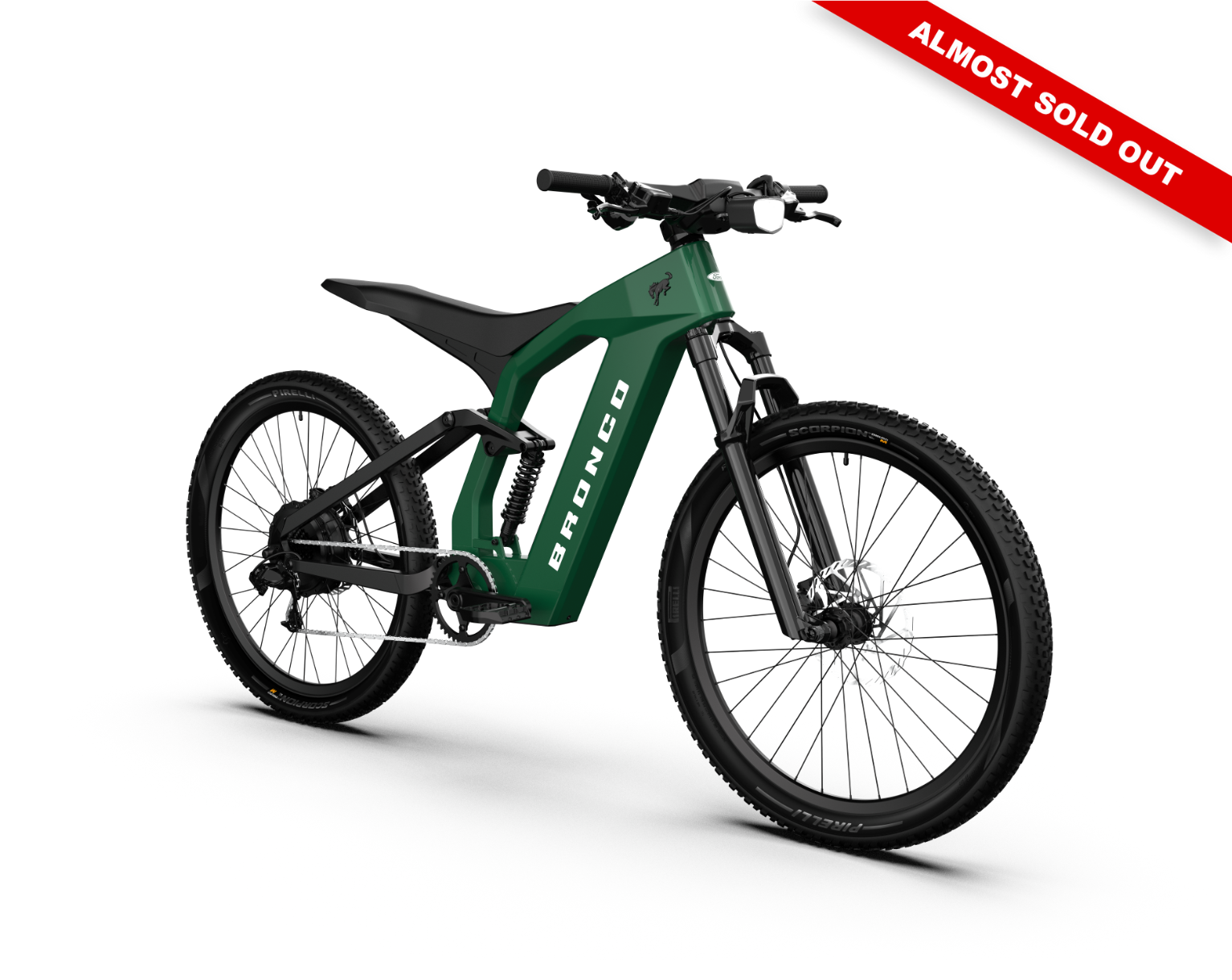 Non-driveside profile of the Ford Bronco electric dirt bike - Eruption Green Metallic color