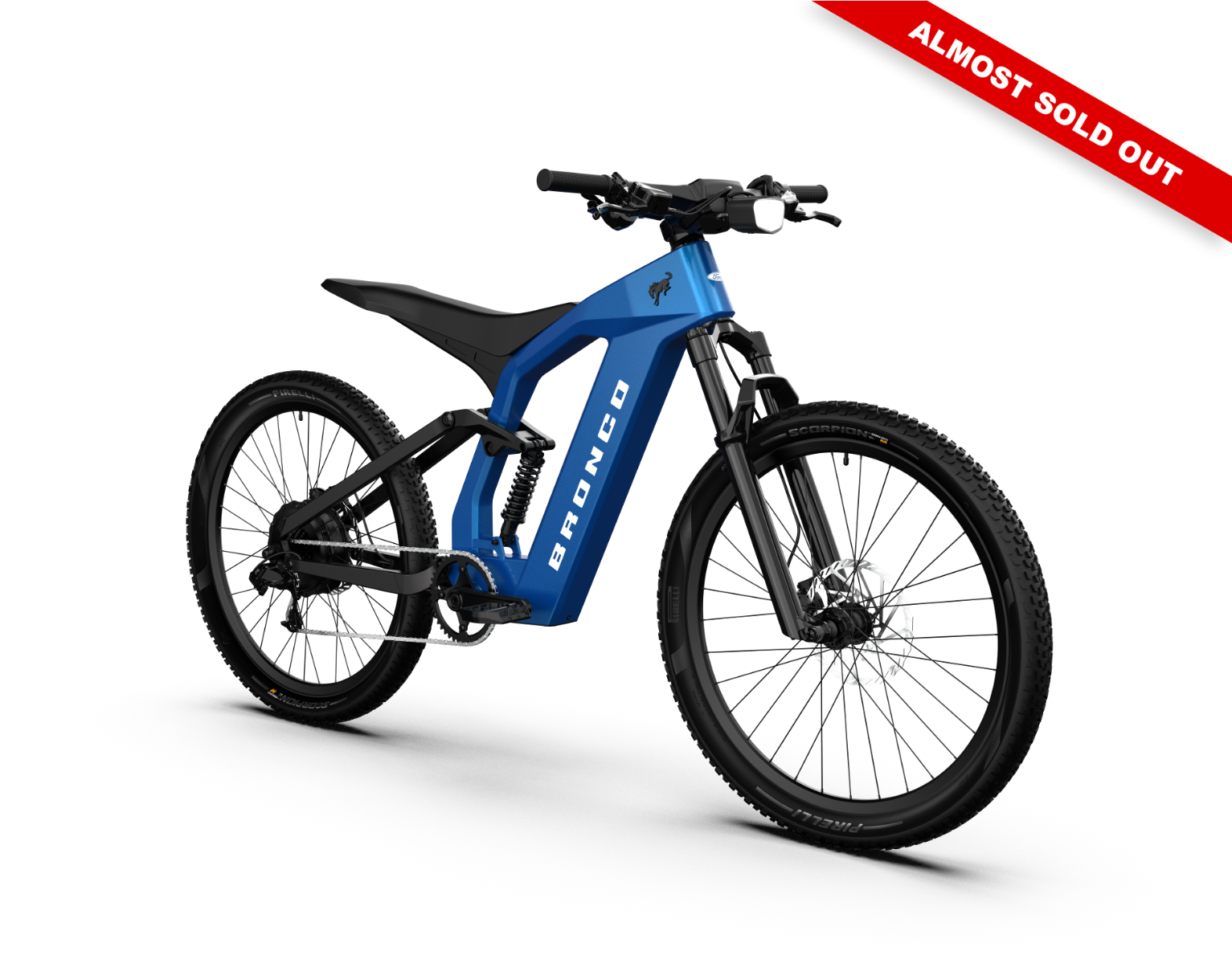 Full suspension on the Ford Bronco electric dirt bike - Velocity Blue Metallic color