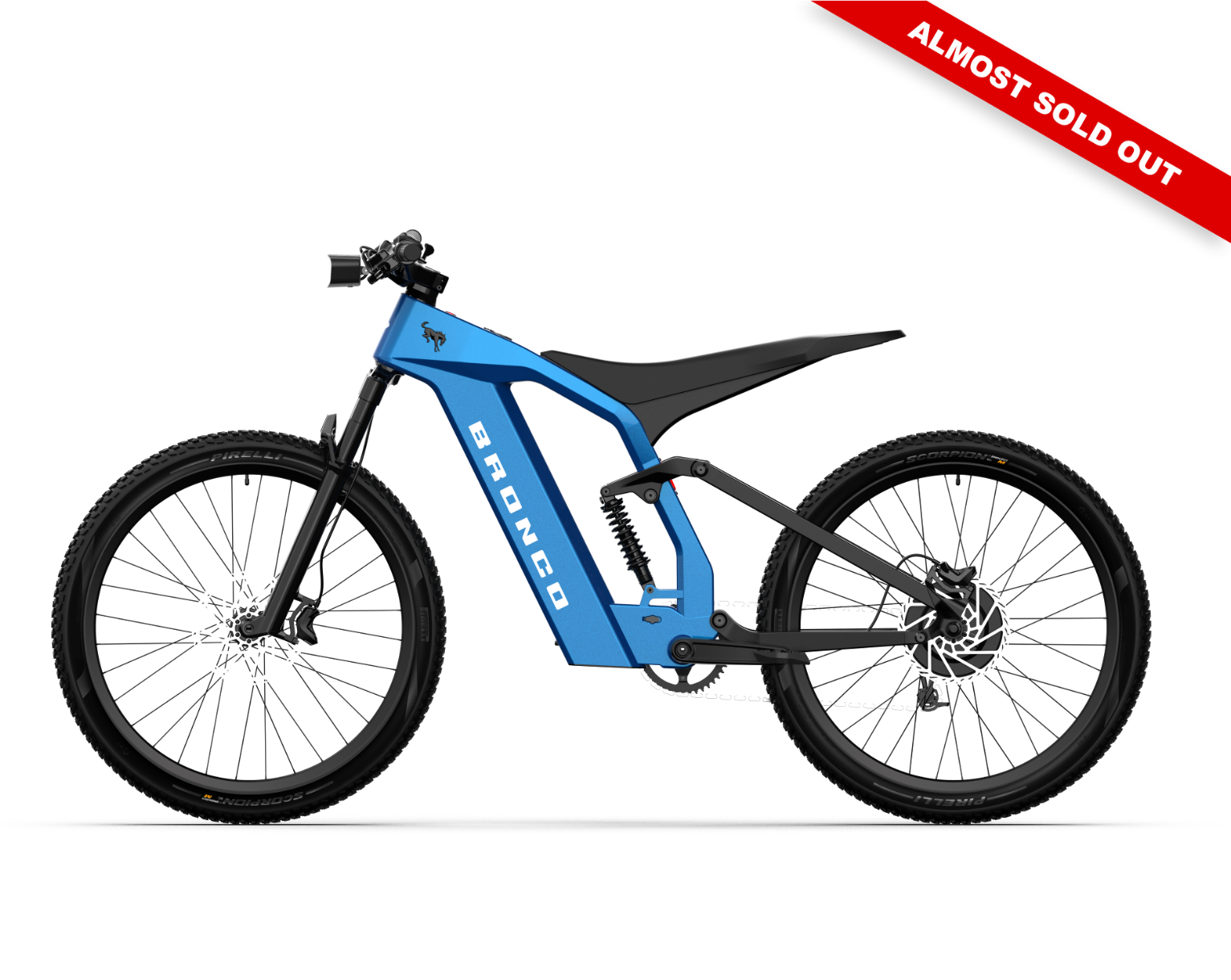 Full suspension on the Ford Bronco electric dirt bike - Velocity Blue Metallic color