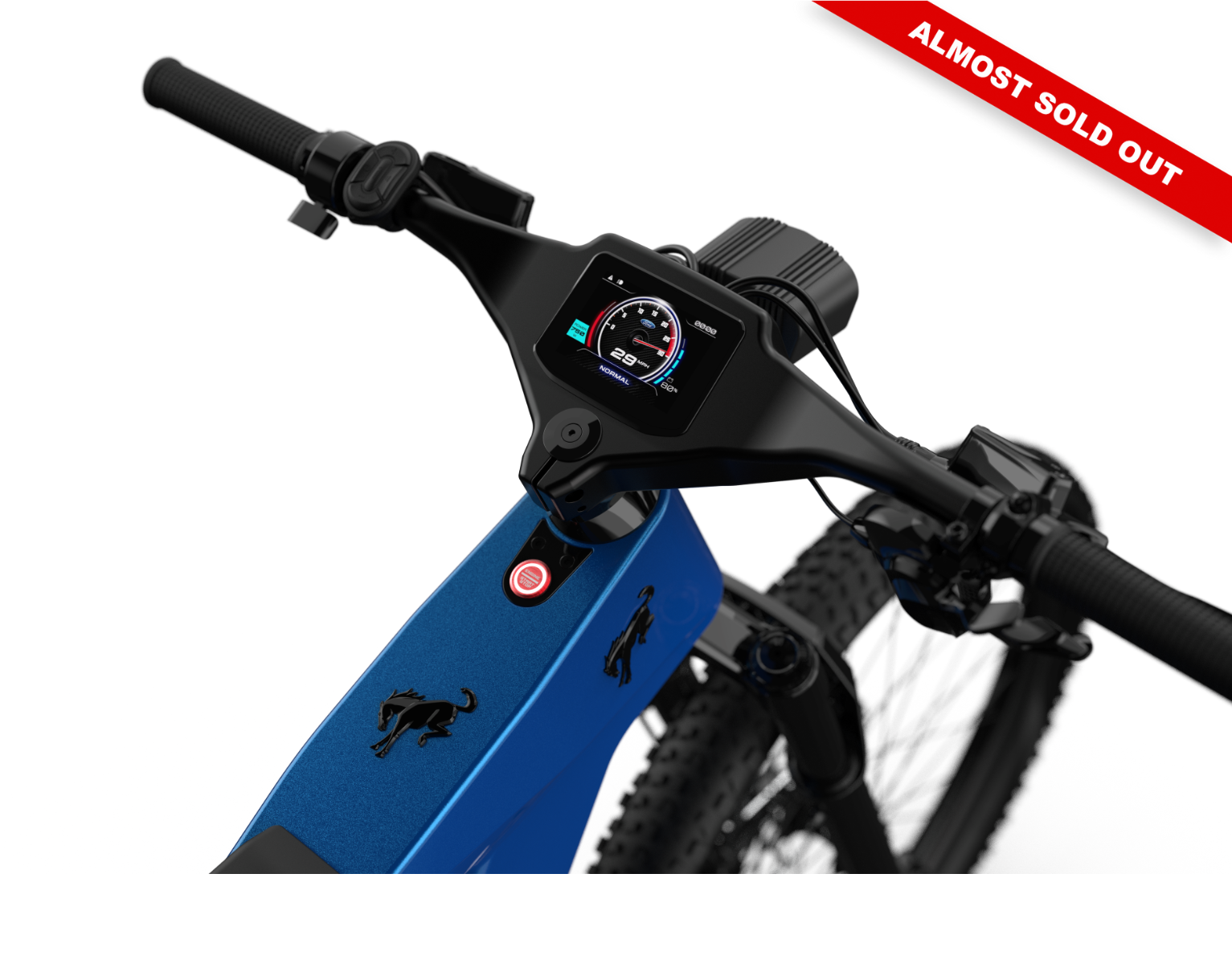 Full suspension on the Ford Bronco electric dirt bike - Velocity Blue Metallic color
