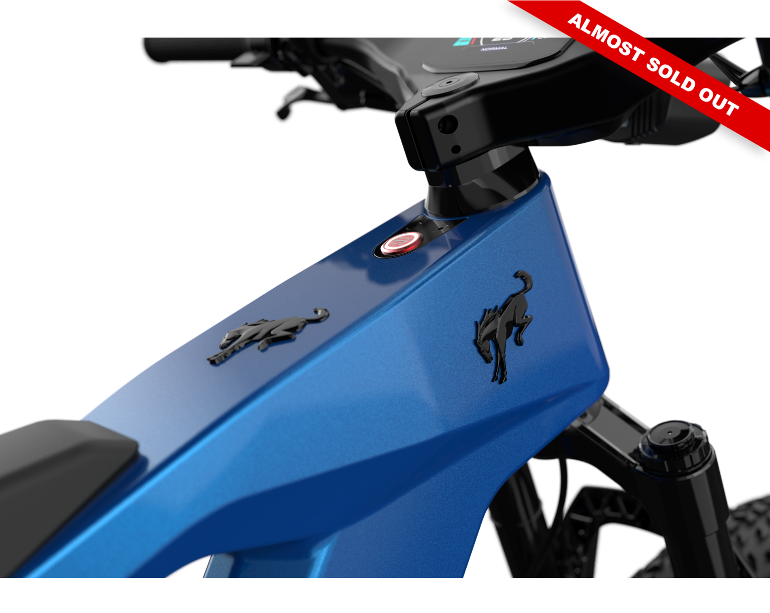Full suspension on the Ford Bronco electric dirt bike - Velocity Blue Metallic color